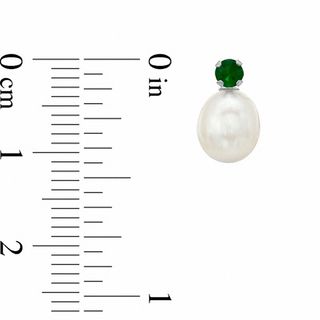 Freshwater Cultured Pearl and Lab-Created Emerald Stud Earrings in 10K White Gold