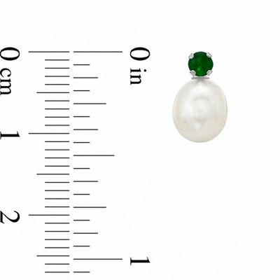 Freshwater Cultured Pearl and Lab-Created Emerald Stud Earrings in 10K White Gold
