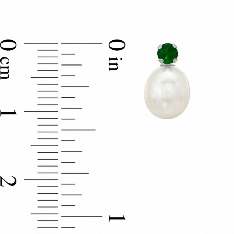 Cultured Freshwater Pearl and Lab-Created Emerald Stud Earrings in 10K White Gold
