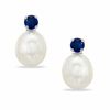 Thumbnail Image 0 of Cultured Freshwater Pearl and Lab-Created Blue Sapphire Stud Earrings in 10K White Gold