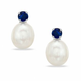 Freshwater Cultured Pearl and Lab-Created Blue Sapphire Stud Earrings in 10K White Gold