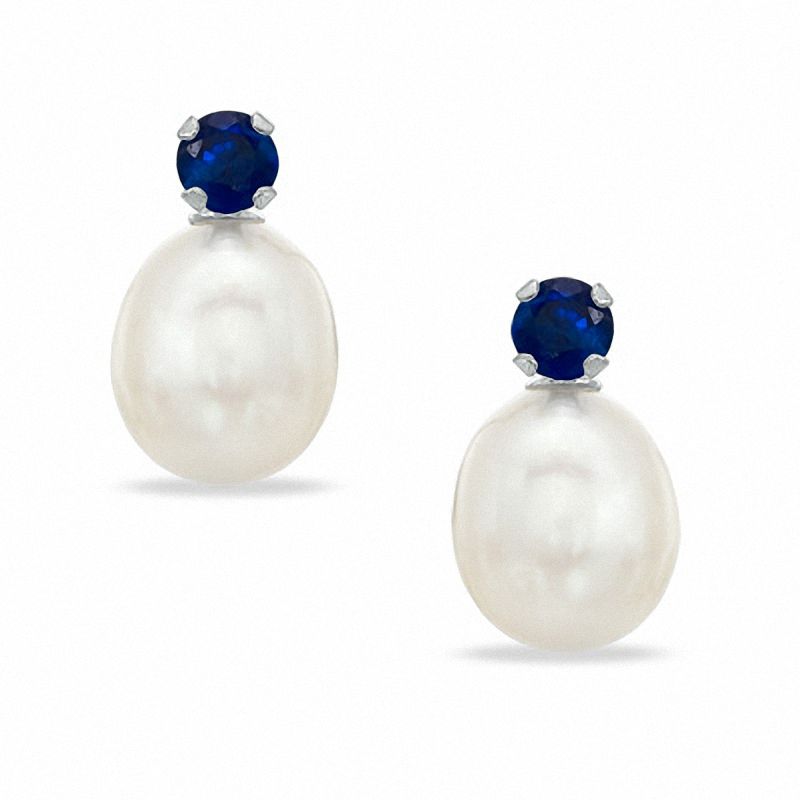 Cultured Freshwater Pearl and Lab-Created Blue Sapphire Stud Earrings in 10K White Gold