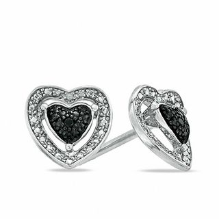 Enhanced Black and White Diamond Accent Heart Stud Earrings in Sterling Silver