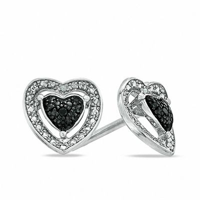 Enhanced Black and White Diamond Accent Heart Stud Earrings in Sterling Silver