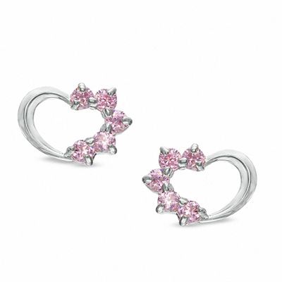 Child's Pink Cubic Zirconia Heart Earrings in 10K White Gold