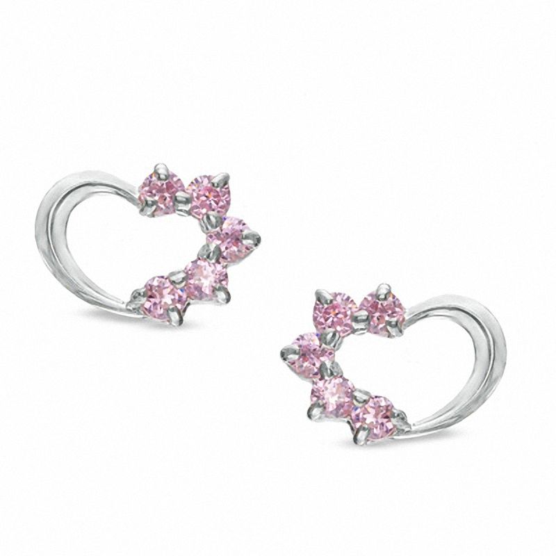 Child's Pink Cubic Zirconia Heart Earrings in 10K White Gold