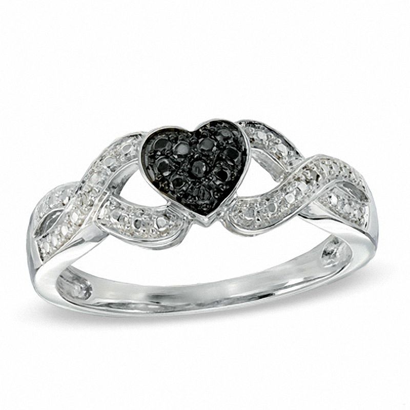 Main Image 1 of Enhanced Black and White Diamond Accent Heart Ring in Sterling Silver - Size 7