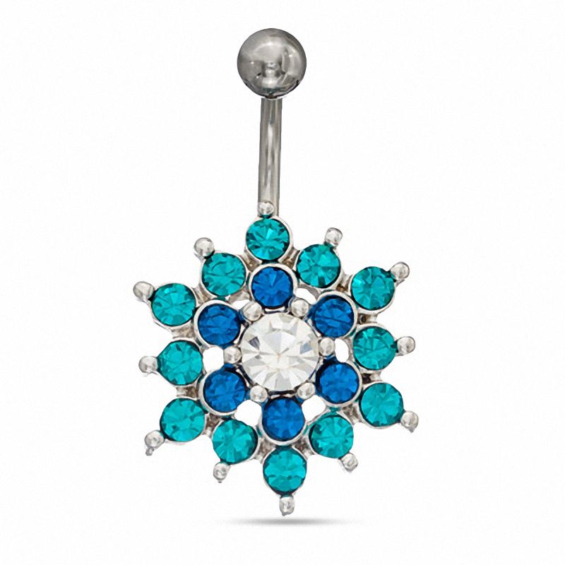 Main Image 1 of 014 Gauge Flower Belly Button Ring with Blue Zircon and Blue Crystals in Stainless Steel