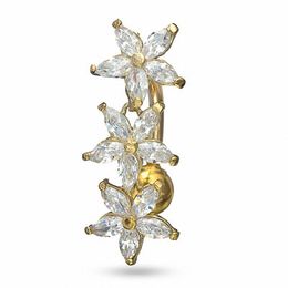 014 Gauge Triple Flower Belly Button Ring with Cubic Zirconia in 10K Semi-Solid Gold