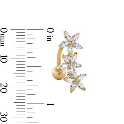 10K Semi-Solid Gold CZ Triple Flower Belly Button Ring - 14G 3/8"