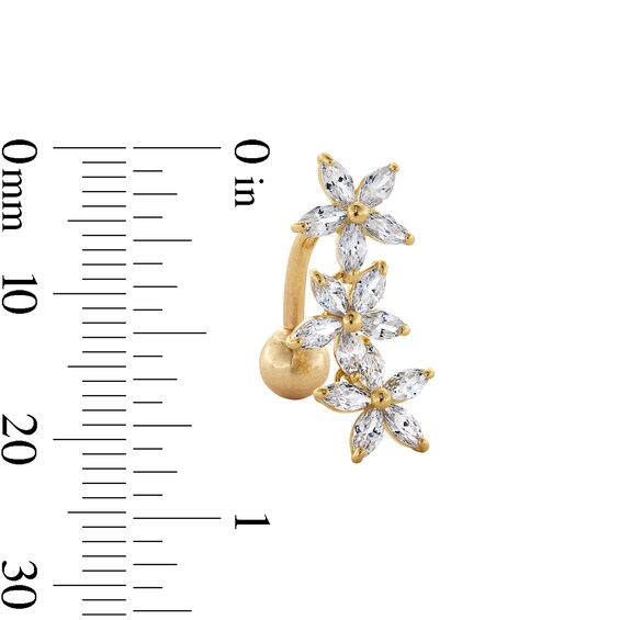 10K Semi-Solid Gold CZ Triple Flower Belly Button Ring - 14G 3/8"