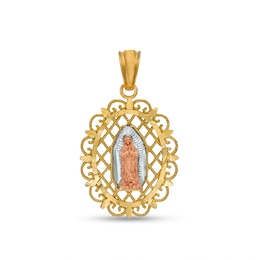 Diamond-Cut and Beaded Ornate Frame Our Lady of Guadalupe Tri-Tone Necklace Charm in 10K Solid Gold