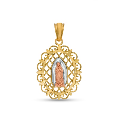 Diamond-Cut and Beaded Ornate Frame Our Lady of Guadalupe Tri-Tone Necklace Charm in 10K Solid Gold