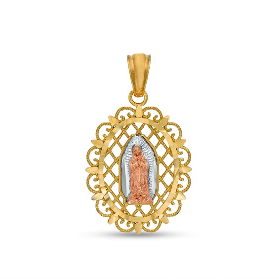 Diamond-Cut and Beaded Ornate Frame Our Lady of Guadalupe Tri-Tone Necklace Charm in 10K Solid Gold