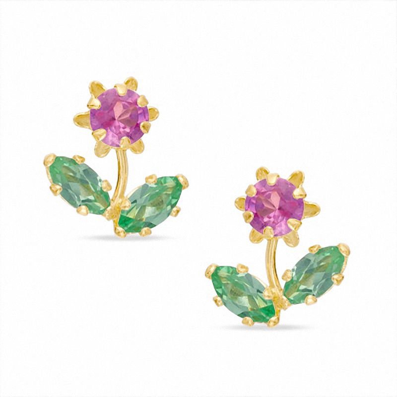 Synthetic Pink and Green Sapphire Flower Earrings in 10K Gold