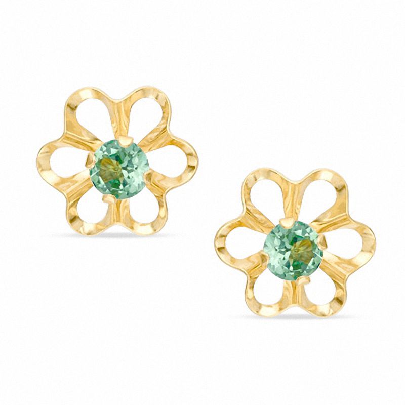 3mm Synthetic Green Sapphire Flower Earrings in 10K Gold