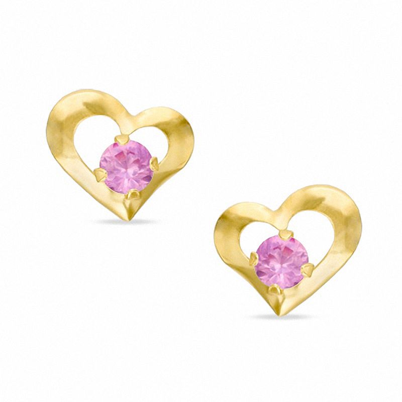 Main Image 1 of 3mm Lab-Created Pink Sapphire Heart Earrings in 10K Gold