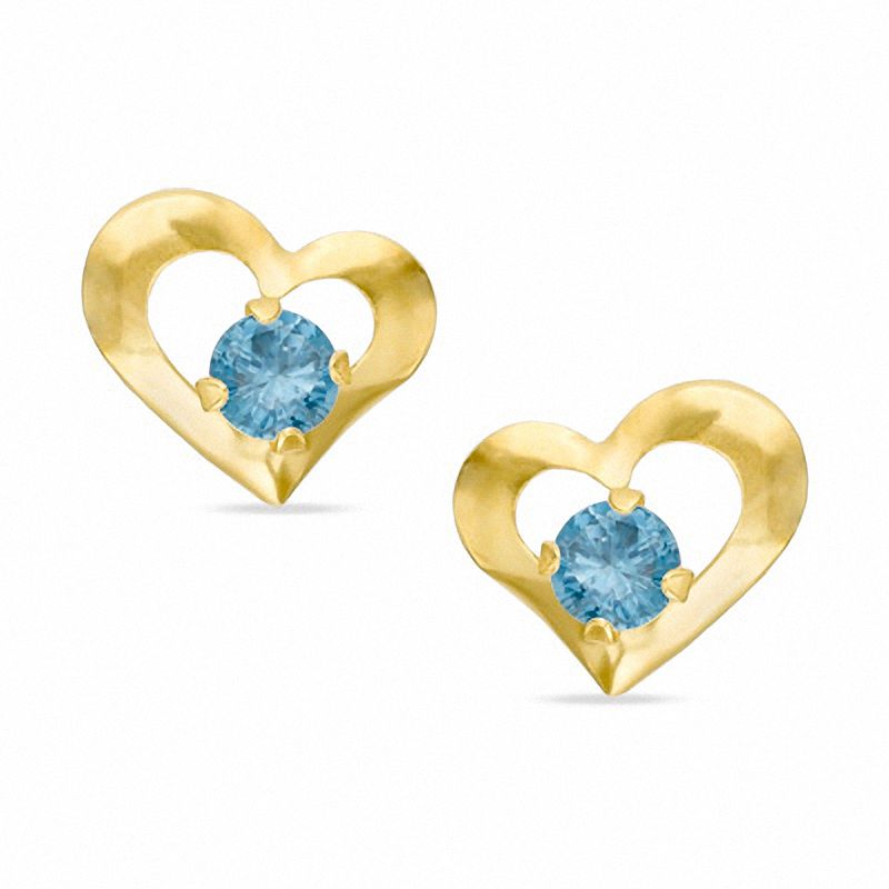 3mm Lab-Created Blue Zircon Heart Earrings in 10K Gold