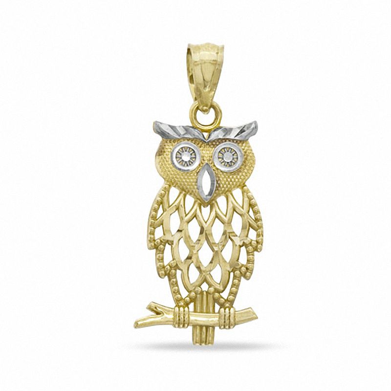 Diamond-Cut Owl Charm in 10K Solid Two-Toned Gold