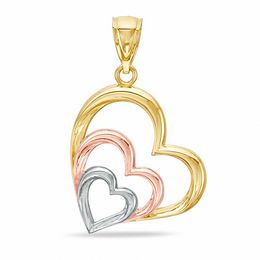 Tilted Triple Heart Tiered Tri-Tone Necklace Charm in 10K Solid Gold