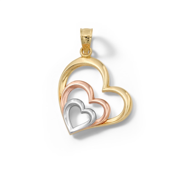 Tilted Triple Heart Tiered Tri-Tone Necklace Charm in 10K Solid Gold