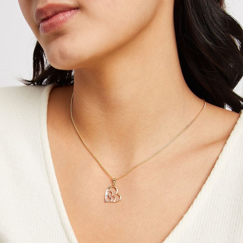 Tilted Triple Heart Tiered Tri-Tone Necklace Charm in 10K Solid Gold