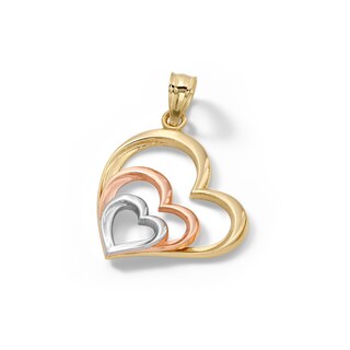 Tilted Triple Heart Tiered Tri-Tone Necklace Charm in 10K Solid Gold