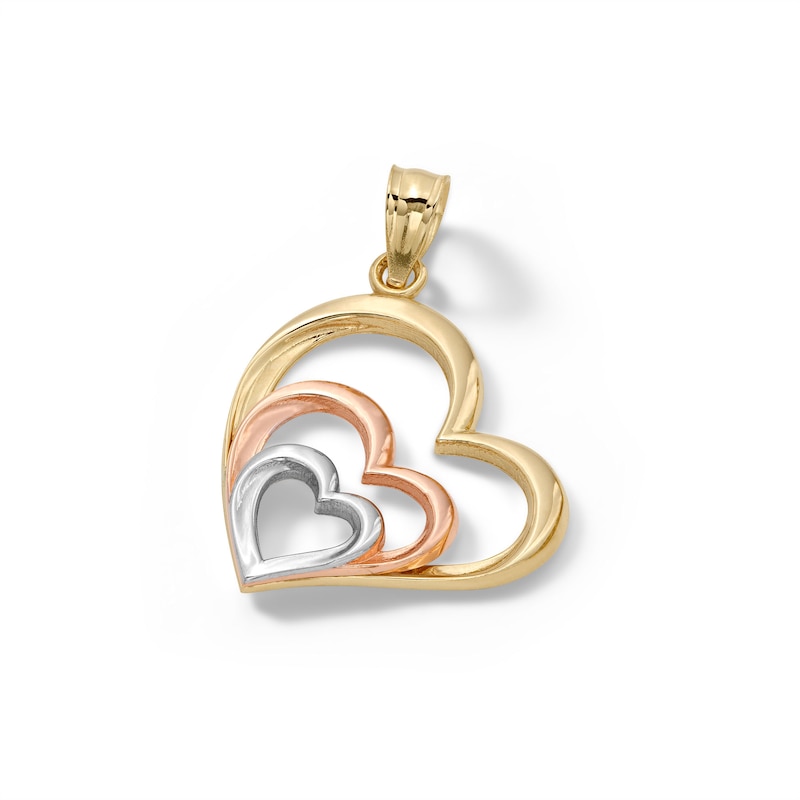 Tilted Triple Heart Tiered Tri-Tone Necklace Charm in 10K Solid Gold