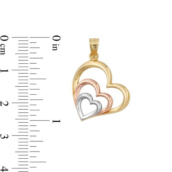 Tilted Triple Heart Tiered Tri-Tone Necklace Charm in 10K Solid Gold
