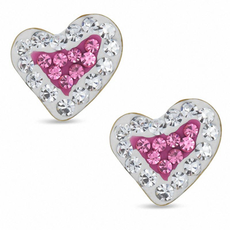 Red and White Crystal Heart Stud Earrings in 10K Gold