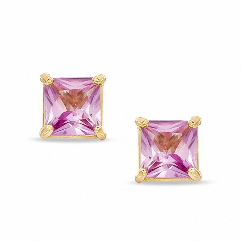 Main Image 1 of 4mm Princess-Cut Lab-Created Pink Sapphire Stud Earrings in 10K Gold