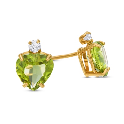 6mm Heart-Shaped Peridot and Cubic Zirconia Stud Earrings in 10K Gold