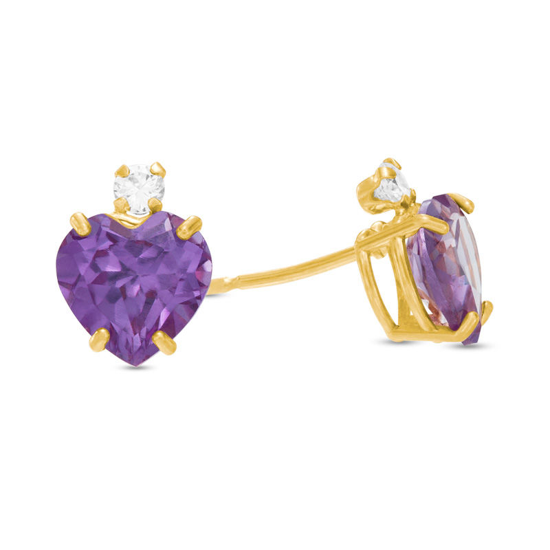 6mm Heart-Shaped Lab-Created Alexandrite and Cubic Zirconia Stud Earrings in 10K Gold