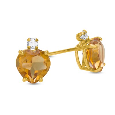 6mm Heart-Shaped Citrine and Cubic Zirconia Stud Earrings in 10K Gold
