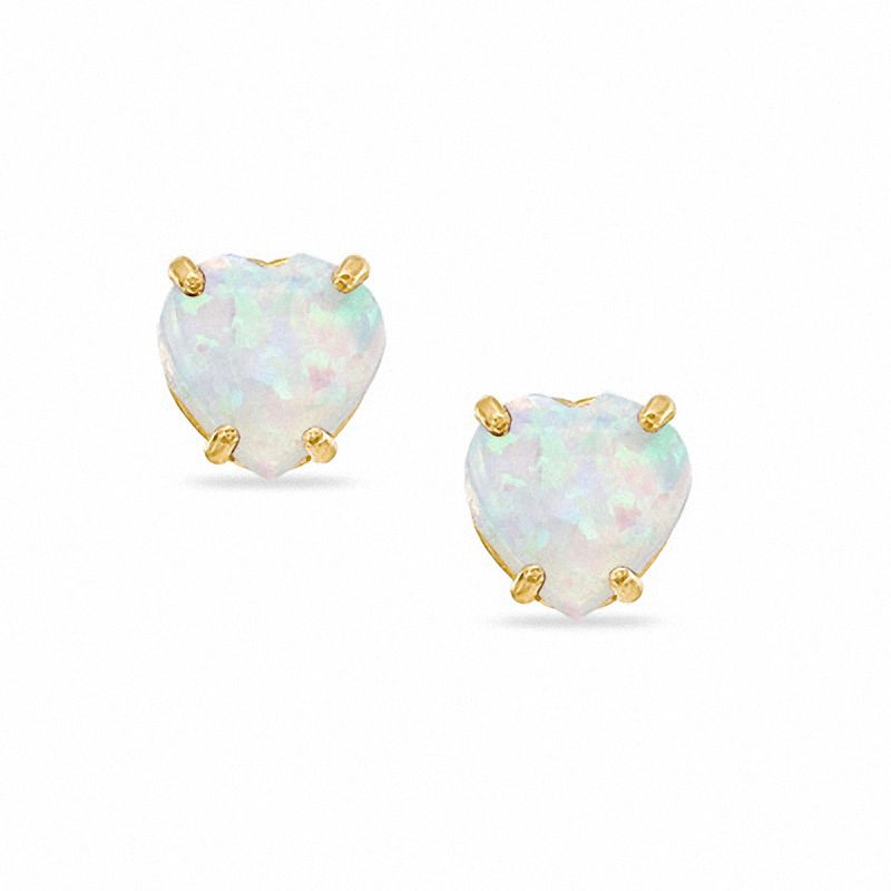 Main Image 1 of 5mm Heart-Shaped Lab-Created Opal Stud Earrings in 10K Gold