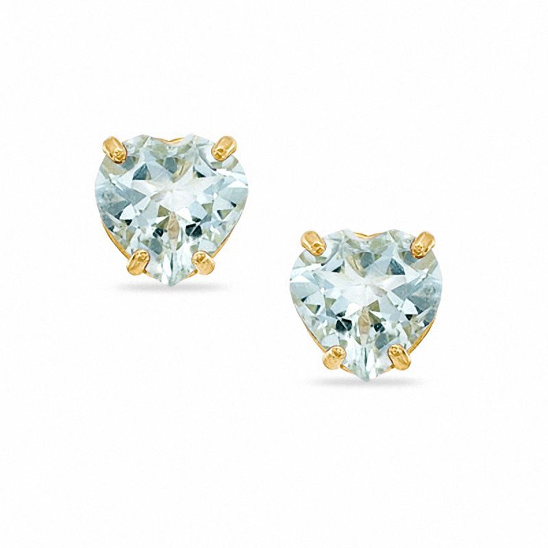 5mm Heart-Shaped Aquamarine Stud Earrings in 10K White Gold with CZ