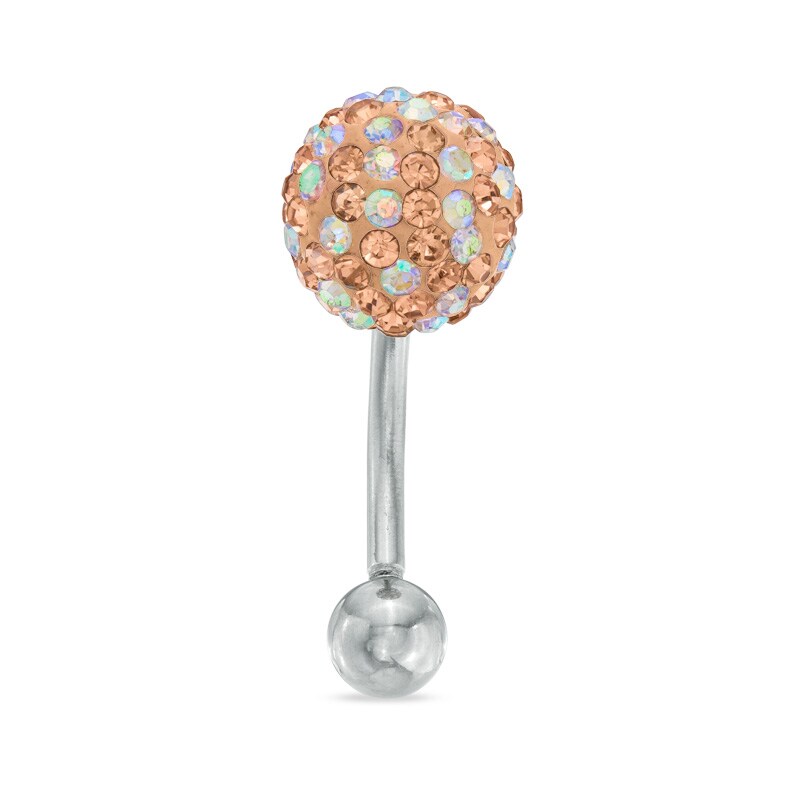 Stainless Steel Peach Crystal Ball Belly Button Ring - 14G 3/8"