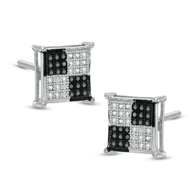 1/5 CT. T.W. Enhanced Black and White Diamond Checkered Square Stud Earrings in Sterling Silver