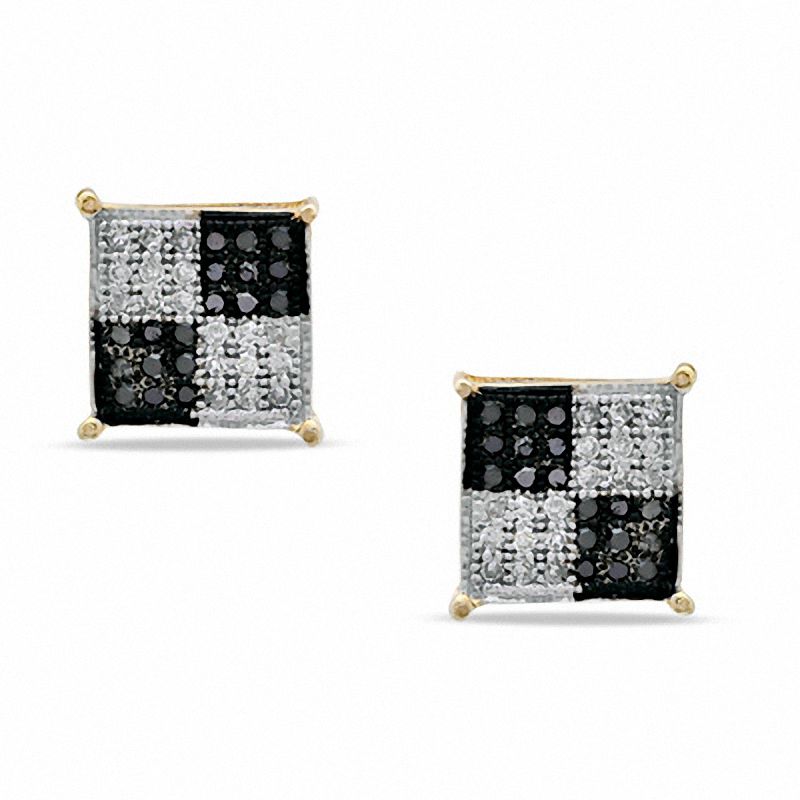 1/5 CT. T.W. Enhanced Black and White Diamond Checkered Stud Earrings in Sterling Silver and 14K Gold Plate