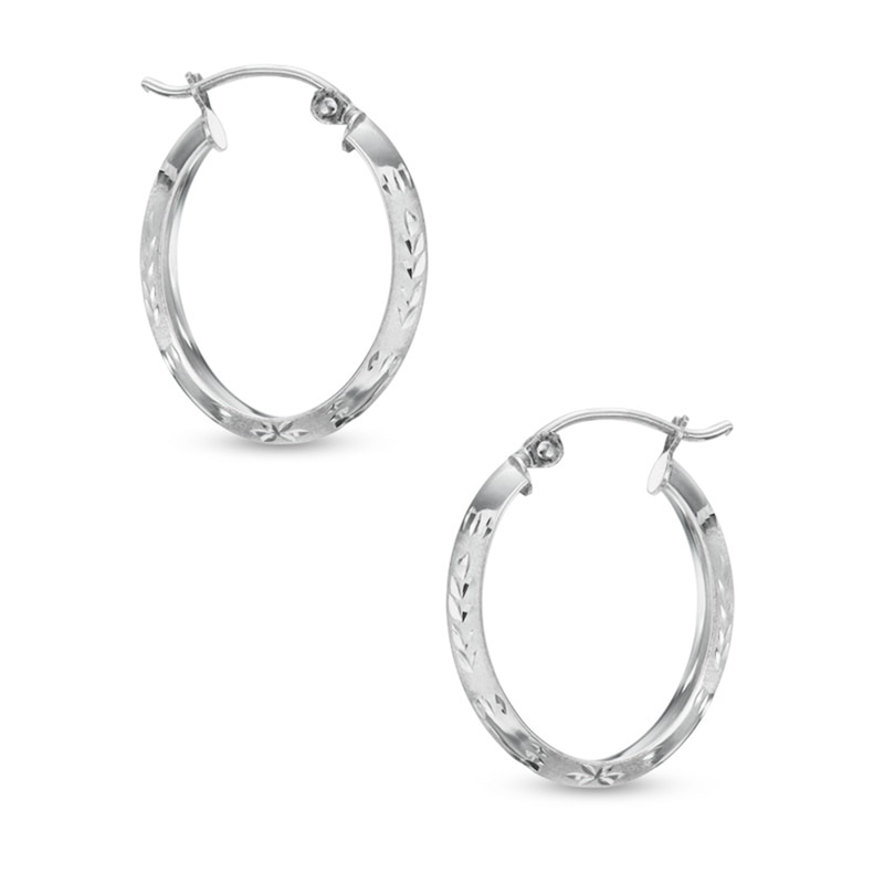 20mm Diamond-Cut Knife Edge Oval Hoop Earrings in 10K Tube Hollow White Gold