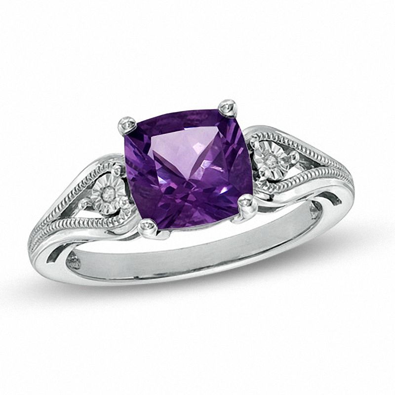 8mm Cushion-Cut Amethyst and Diamond Accent Ring in Sterling Silver - Size 7