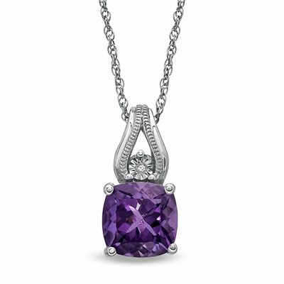 8mm Cushion-Cut Amethyst and Diamond Accent Pendant in Sterling Silver