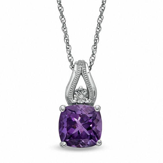 8mm Cushion-Cut Amethyst and Diamond Accent Pendant in Sterling Silver