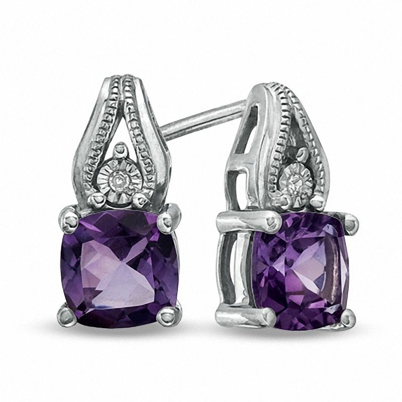 6mm Cushion-Cut Amethyst and Diamond Accent Earrings in Sterling Silver
