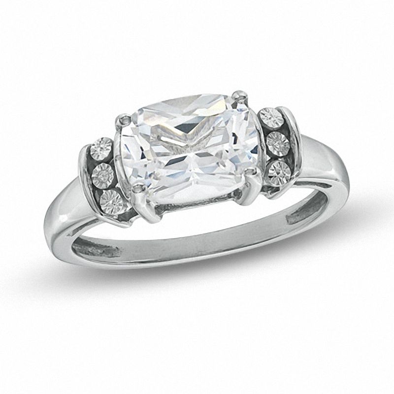 Cushion-Cut Lab-Created White Sapphire and Diamond Accent Ring in Sterling Silver - Size 7