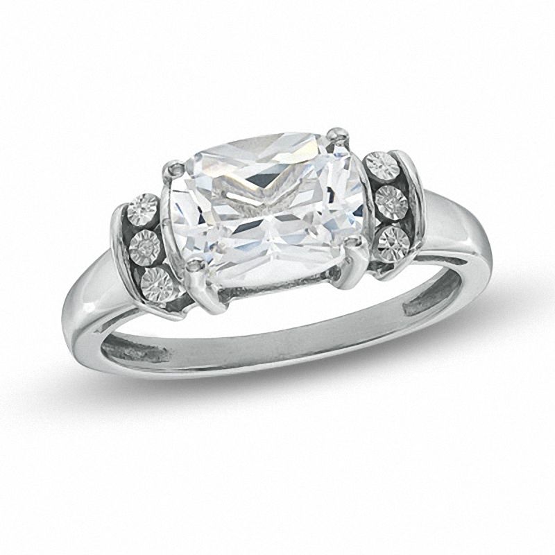 Main Image 1 of Cushion-Cut Lab-Created White Sapphire and Diamond Accent Ring in Sterling Silver - Size 7