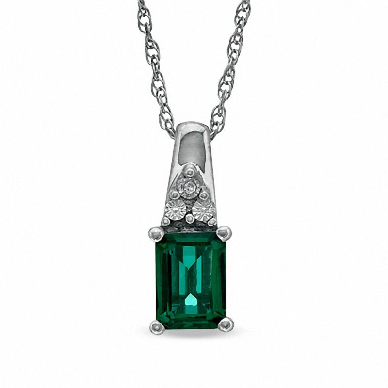 Emerald-Cut Lab-Created Emerald and Diamond Accent Pendant in Sterling Silver