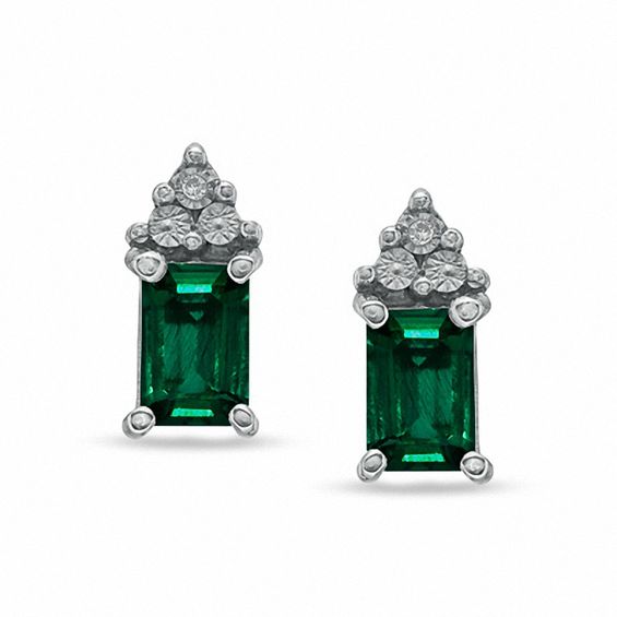 Emerald-Cut Lab-Created Emerald and Diamond Accent Earrings in Sterling Silver