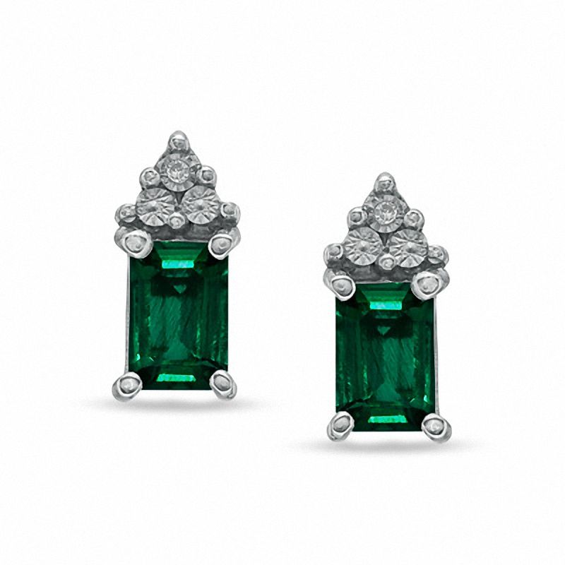 Main Image 1 of Emerald-Cut Lab-Created Emerald and Diamond Accent Earrings in Sterling Silver