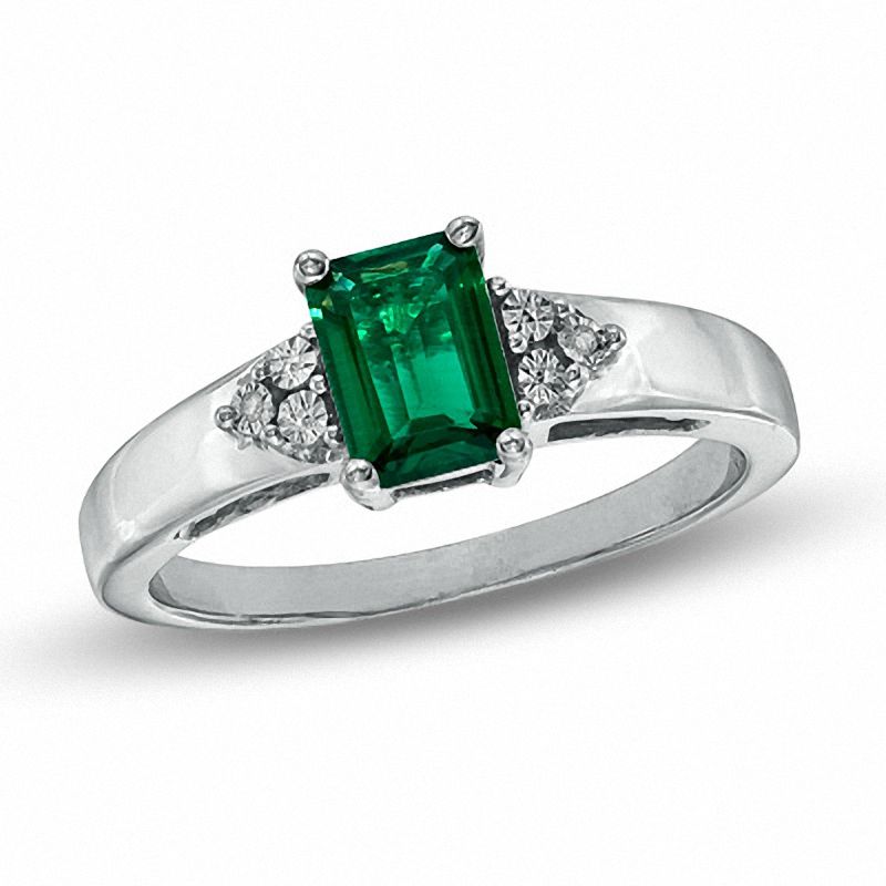 Emerald-Cut Lab-Created Emerald and Diamond Accent Ring in Sterling Silver - Size 7